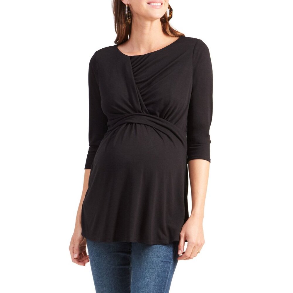 New Ingrid + Isabel 3/4 Sleeve Drape Front Top Black Size XS